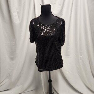 DKNY Black Sequin Short Sleeve Top – Size M – NWT